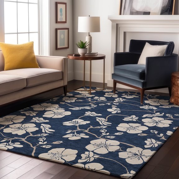 Addison Rugs Mayfield Premium Machine Washable Transitional Floral Navy Rectangle Rug, 9' x 12'