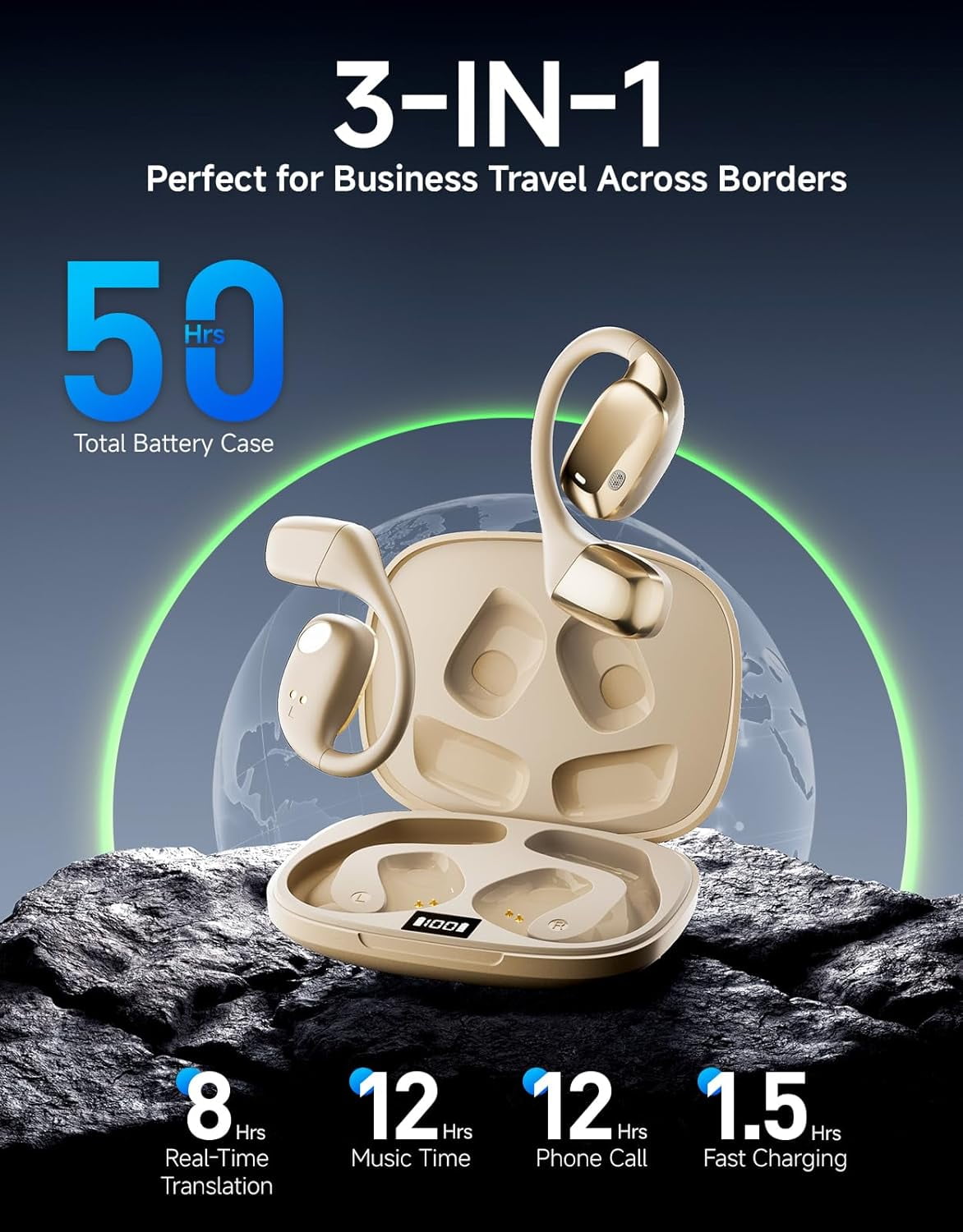 AI Translation Earbuds Real Time Interpretation, 144 Language Translator Device, No Subscription Wireless Bluetooth Headphones for Travel & Business