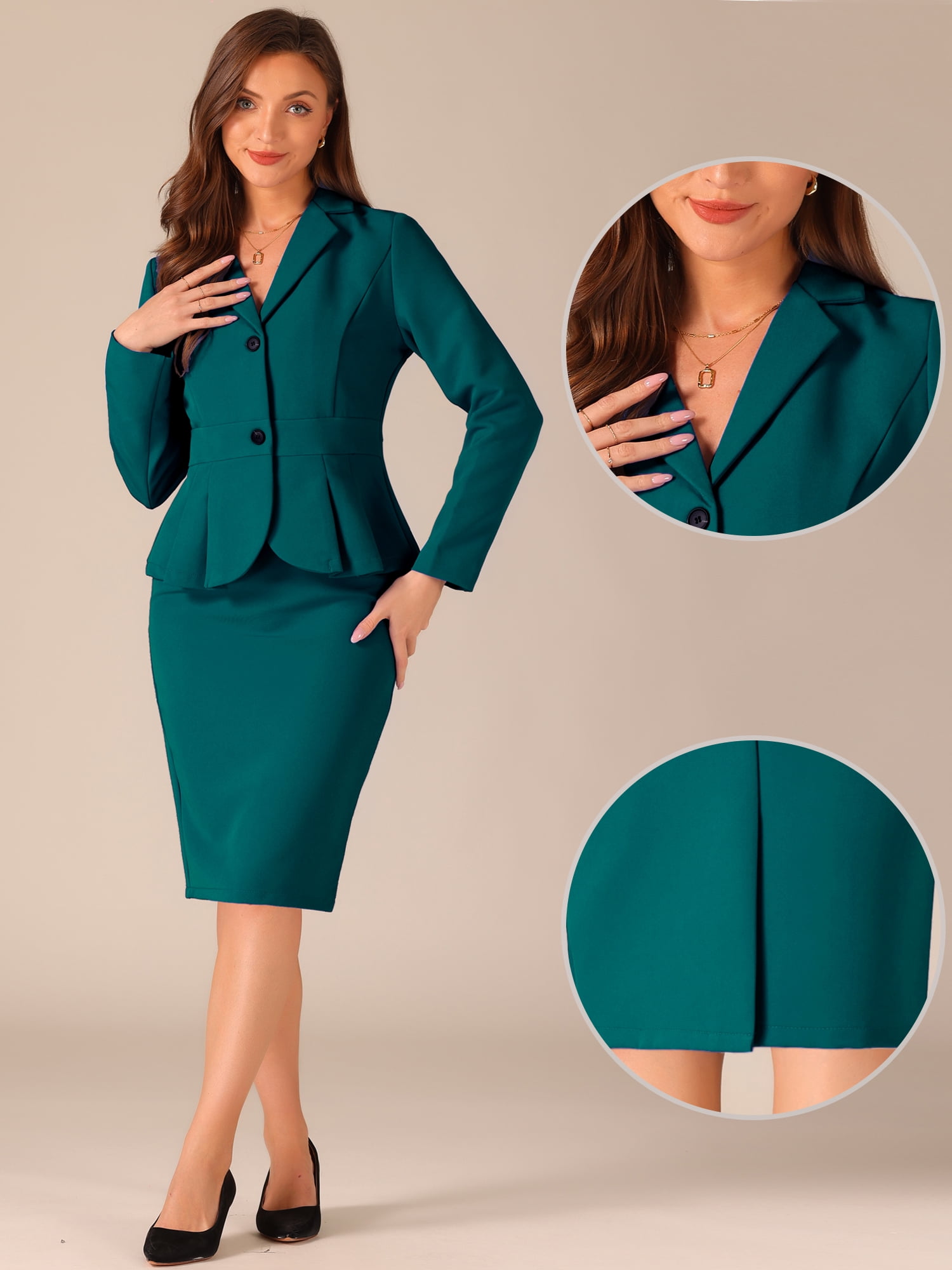 DARING DIVA Women's Peplum Blazer Pencil Skirt 2 Pcs Suit Set S Peacock Green