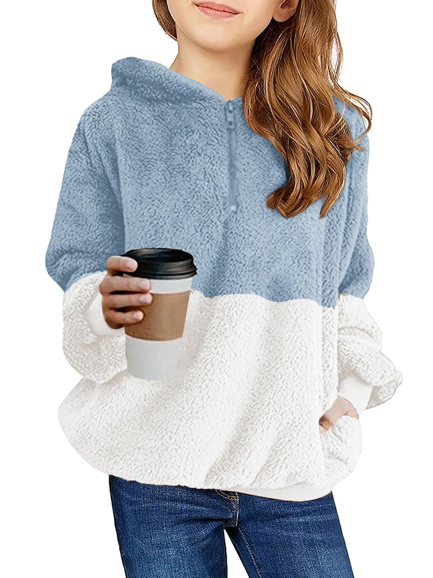 Saodimallsu Girls Fuzzy Fleece Hoodies Sweatshirt Casual Loose Outwear Coat 4-15 Years