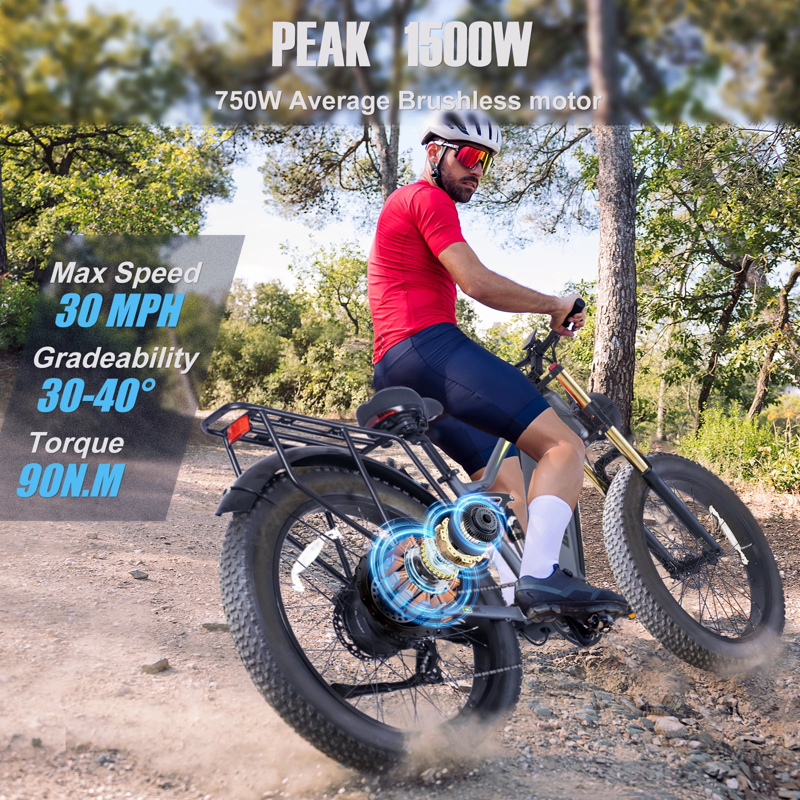 Electric Bike for Adults 26'', 1500W E-Mountain Bike 48V 20Ah UL2849 Removable Battery,Fat Tire Ebike up to 30MPH Off Road Beach Snow Electric Bicycles Full Suspension & Dual Hydraulic Disc Brakes