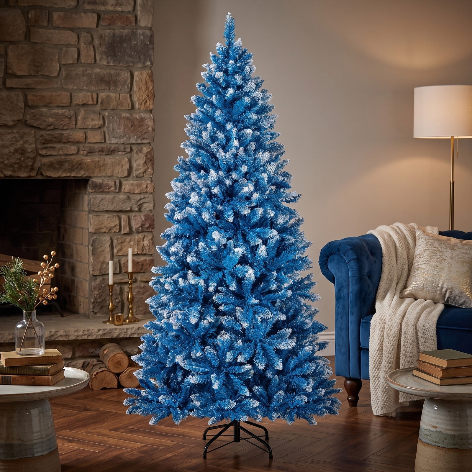 RUIE 6 FT Artificial Christmas Tree, Snowy Blue Pre-Lit Xmas Tree with 767 Branch Tips, 270 Warm White LED Lights, 8 Modes, Foldable Metal Stand for Indoor, Blue