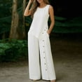 thumbnail image 6 of 2 Piece Women's Casual Linen Blend 2 Piece Outfit - Sleeveless Crew Neck Top with Decorative Side Buttons & High Waist Wide Leg Pants with Pockets, Solid Color White M, 6 of 6