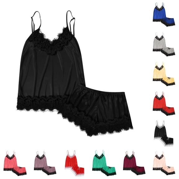 XIAOCHA Lace Trim Pajama Set For Women Spaghetti Strap Camisole Shorts Nightwear