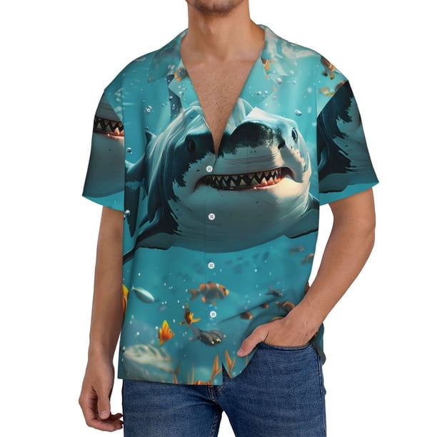 Balery Realistic Ocean Shark Camisa Casual de Manga Corta con Botones para Hombre, Texturizada, Estilo Cubano, para Playa, Verano-Medium