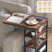 C-Shaped End Table with Charging Station - Retro Style for Living Room