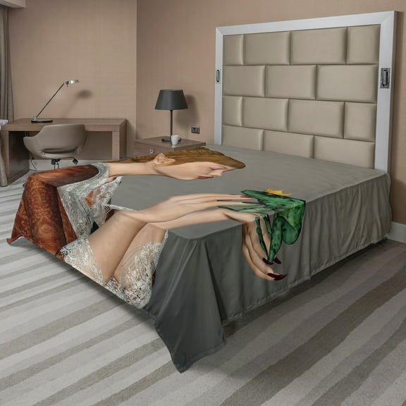 Ambesonne Fantasy Flat Sheet, Cartoon Kissing Frog, Full Size, Multicolor