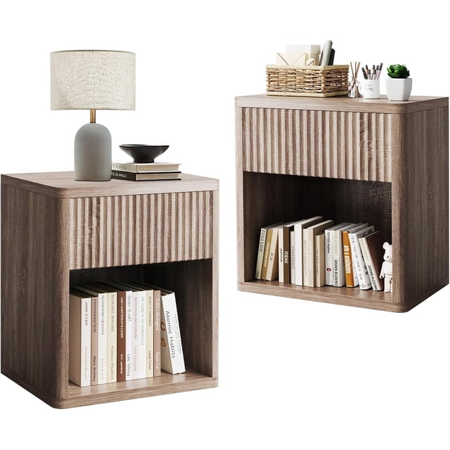 Bingirl Night Stand Set of 2 with a modern farmhouse style, featuring fluted drawer fronts and a grey finish. Each nightstand includes a spacious drawer with ribbed texture and an open shelf for storage or display. Constructed from durable particle board, these nightstands are sturdy and include an anti-tilt device for added safety. Measuring 22.7 inches wide, 15.4 inches deep, and 24.1 inches high, they are versatile for use in bedrooms, living rooms, or as side tables. Easy to assemble and maintain.