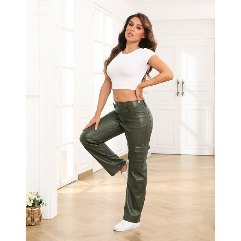 【Ordes】関税/送料込み Faux leather cargo trouser-Deep Green HDE Women's High Waisted Faux Leather Cargo Pants with
