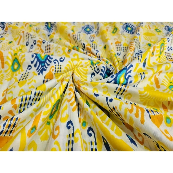 Yellow Floral Ikat Fabric Cotton Dressmaking Sewing Running Indian Fabric Yard