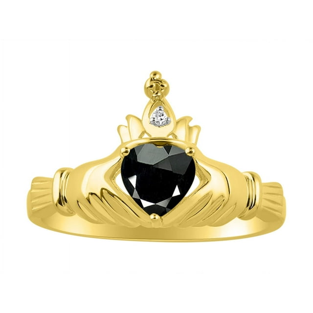 RYLOS Rings 14K Yellow Gold Claddah Love, Loyalty & Friendship Ring Heart 6MM Gemstone & Diamond Claddagh Rings October Onyx Jewelry Size 7