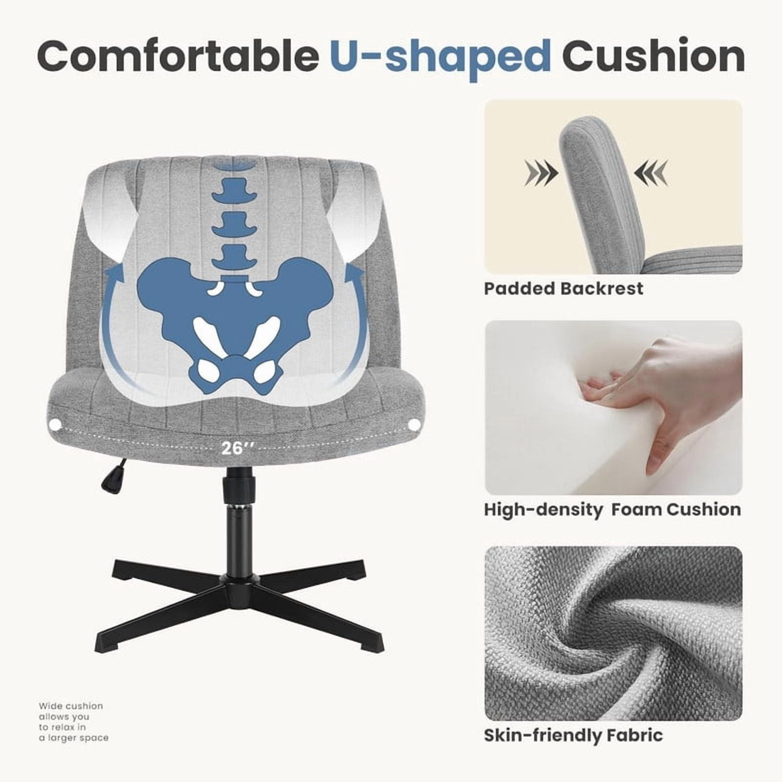 Kelno Linen Cross Legged Desk Chair Wide Seat Chair Ergonomic Height Adjustable Swivel Office Vanity Chair, Grey