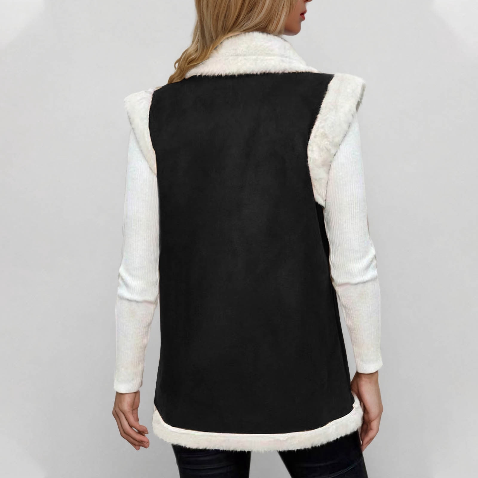 Sokhug Women's Sherpa Faux Leather Vest Jacket Winter Warm Sleeveless Coat with Pockets, Black