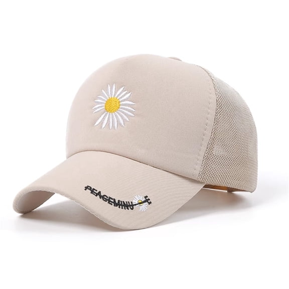 Daisy Embroidered Trucker Hat, Adjustable Mesh Baseball Cap Detail for Men & Women (Beige)