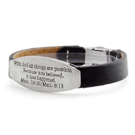 Good Works Matthew 19:26/Matthew 8:13 Leather Bible Verse Bracelet - Black
