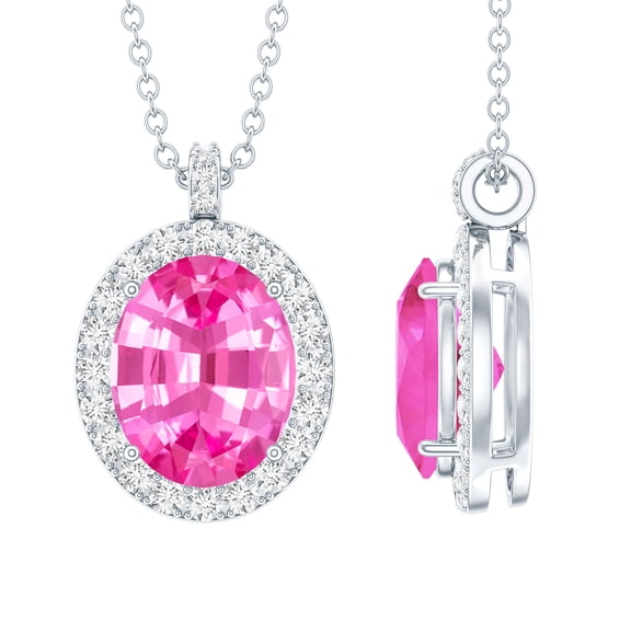 Rosec Jewels Oval Shape Lab Grown Pink Sapphire Pendant with Diamond Halo (AAAA Quality), 925 Sterling Silver