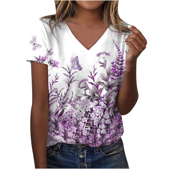 JURANMO Floral Print V-neck T Shirts for Women Casual Loose Boho Tee Tops 2024 Summer Vacation T-shirts Deals of the Day Purple XXL