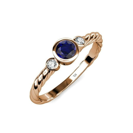 

Blue Sapphire and Diamond (SI2-I1 G-H) Three Stone Rope Ring 0.73 ct tw in 14K Rose Gold.size 5.0