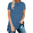 thumbnail image 2 of ClodeEU Women Summer Short Sleeve Crewneck Tshirts with Side Split ,Loose Fit Tunic Shirts Blue,Womens Plus M, 2 of 5