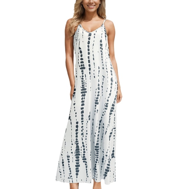 Fashnice Robes Longues Maxi pour Femmes Col en V Robe d'Été de Plage Sans Manches Robe Kaftan Vacances Blanc 4TG