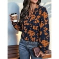 thumbnail image 3 of Women'S Floral Print Long Sleeve V-Neck Shirts Loose Casual Workout Blouses Navy Blue S, 3 of 7