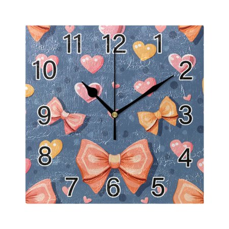 Ryvnso Bows Hearts Wall Clock Square Silent Non-Ticking Battery Operated 7.78