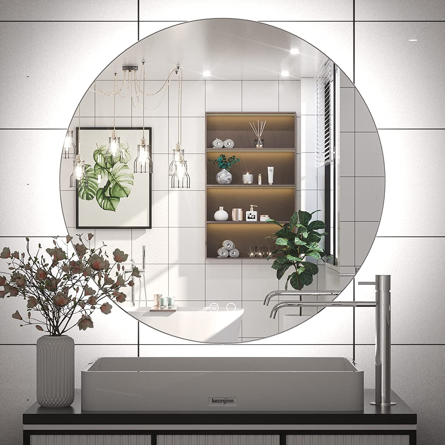 Keonjinn LED Backlit Mirror 28 inch Round Bathroom Mirror with Lights Large  Circle Lighted Mirror Anti-Fog Wall Mounted Round Vanity Mirror Dimmable  Illuminated Makeup Mirror, CRI 90+