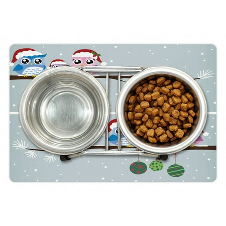 Birds Nest In Christmas Tree Christmas Pet Mat for Food and Water, Owl Family with Santa Hats on Tree Branch with Babies in Nest Birds Snowy Winter Print, Non-Slip Rubber Mat for Dogs and Cats, 18