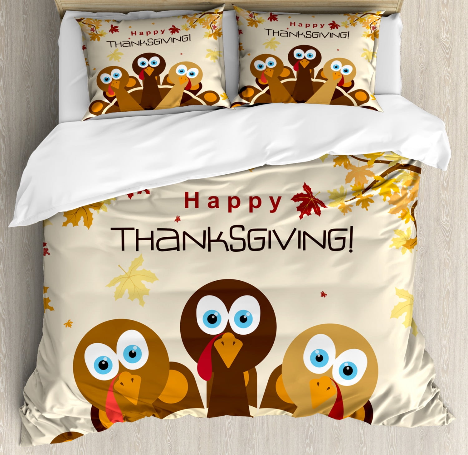 Turkey Duvet Cover Set, Happy Thanksgiving with Falling Leaves and