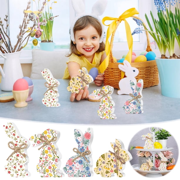 Xihbxyly Juego de Decoración de Conejito de Pascua de Madera, 4 Piezas Independientes con Forma de Conejito, Madera Natural, Temática Navideña de Primavera, para Mesa, Recuerdos de Fiesta, Decoración