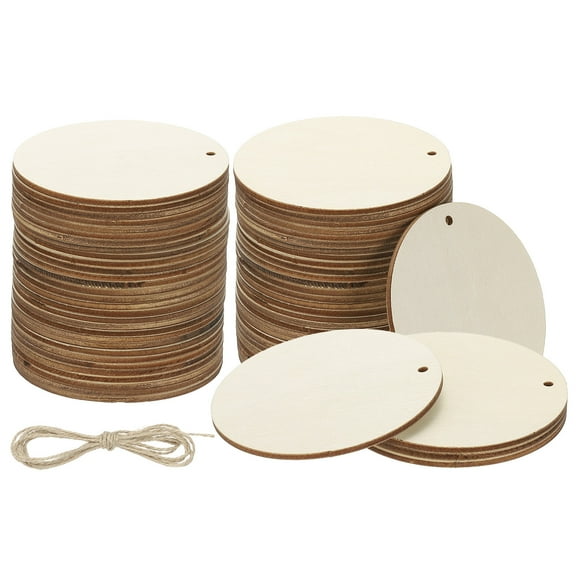 Uxcell Wood Circles for Crafts, 3 inch Pre-drilled Unfinished Wood with Rope, 60 Pcs
