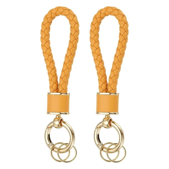 Uxcell 2 Pack Braided Leather Keychain, Keychain Ring Woven Strap Lanyard Strap with 360 Degree Rotatable for Car Key Bag Wallet, Gold/Original Yellow