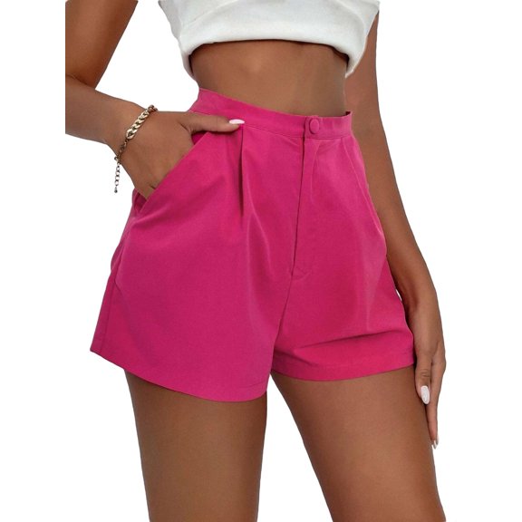 Women's Shorts Casual Plain Wide Leg Hot Pink XS (2)