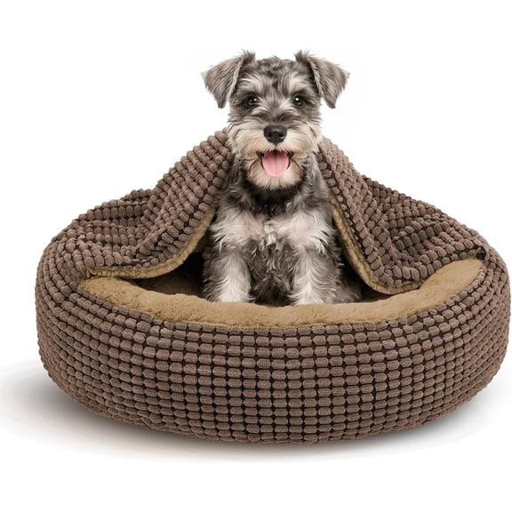 Cozy Donut Cuddler Anti-Anxiety Hooded Pet Beds Calming Cave Bed. Small Dog Bed with Attached Blanket,Orthopedic Round Puppy Beds for Dogs or Cats Washable, Anti-Slip Bottom,