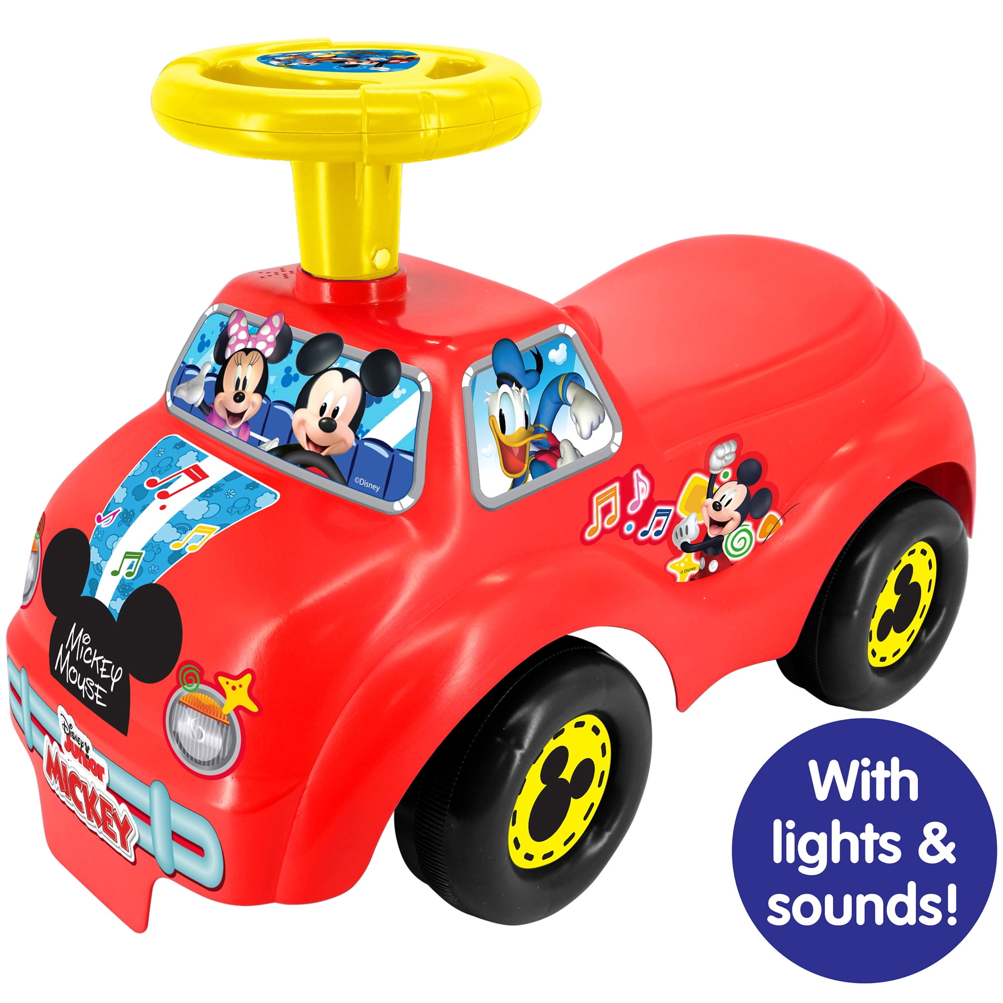 Kiddieland: My First Ride-On - Mickey Mouse - Red & Yellow, Disney Lights & Sounds Foot-To-Floor Vehicle, Spin Roller & Steer Wheel, Toddlers 12-36mo
