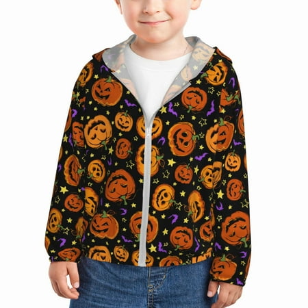 

Sun Hoodie for Kids pumpkins halloween bat print Long Sleeve Swim Fishing Shirts Sun Protection Zip Up Jacket Clothing Athletic Hoodie
