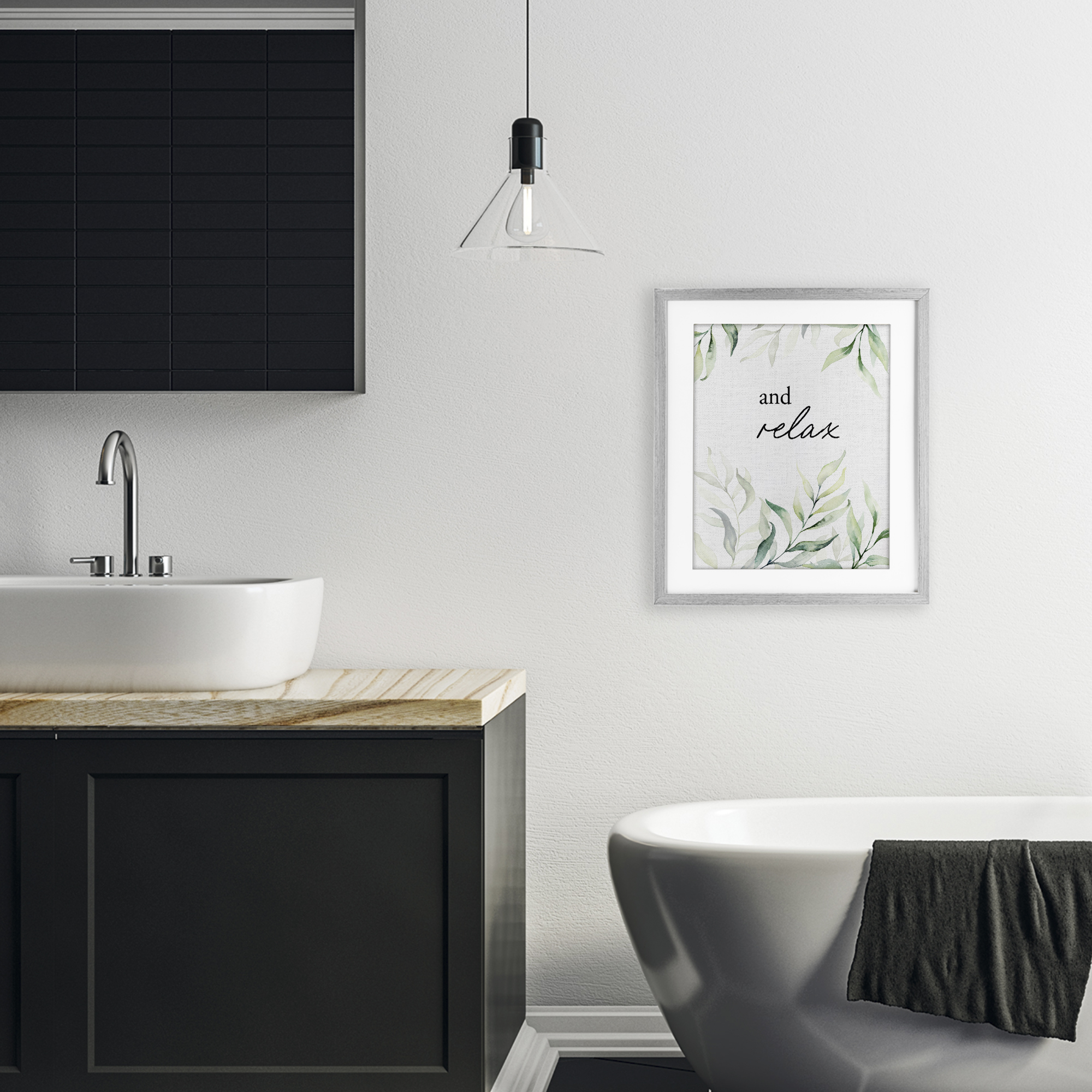 And Relax Soothing Greenery Gray Framed Print Under Glass, design by Lettered and Lined