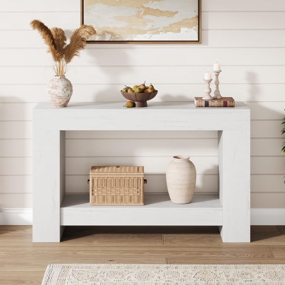 47 Inch Antique White 2-Tier Farmhouse Storage Console Table