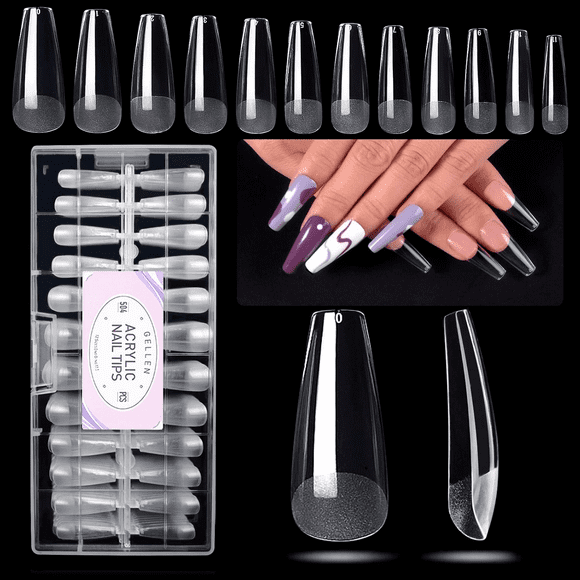 Gellen Puntas de Uñas Postizas de Ataúd Largo para Presionar sobre las Uñas, 504 Puntas de Gel Suave para Extensiones de Uñas Cubierta Completa Preformadas 12 Tamaños de Uñas Postizas Transparentes
