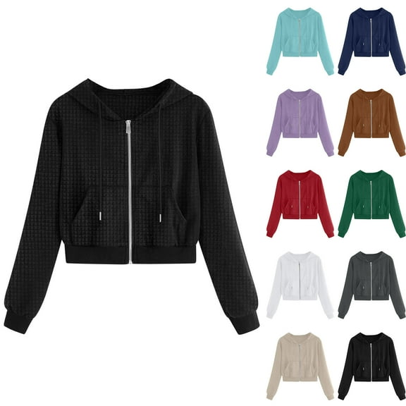 BiZtdJrK Womens Cropped Waffle Hoodie Zip Up Long Sleeve Drawstring Sweatshirts with Pockets Lightweight Workout Short Jacket Green XL