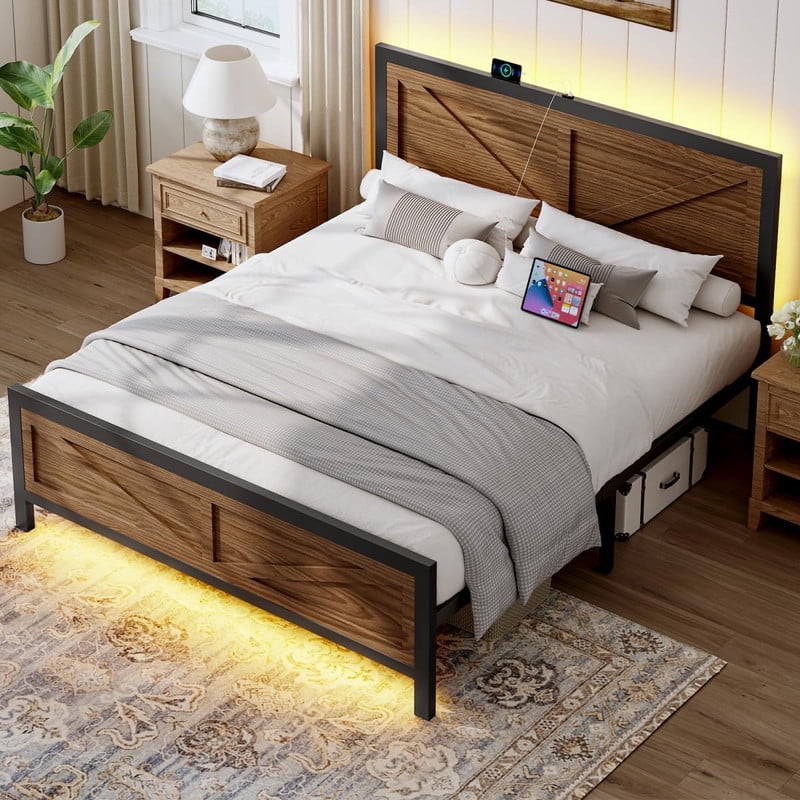 Rustic Bed Frame Full Size with Barn Door Headboard, LED Bed Frame with Charging Station, Industrial Platform Metal Bed Frames, No Box Spring Needed, Easy Assembly, Brown