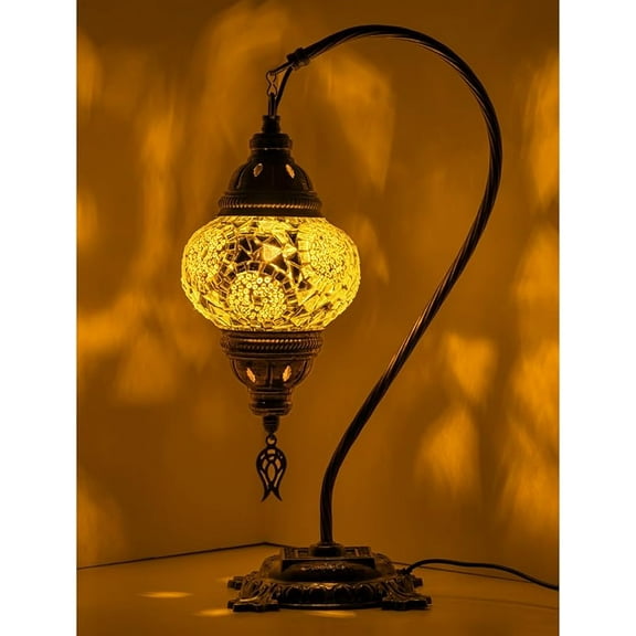 Turkish Moroccan Mosaic Lamp – Handmade Glass Swan Neck Bedside Lamp with Antique Brass Base, Ideal Decor for Bedroom, Office, Living Room – Bulb Included (White Triple Circles)