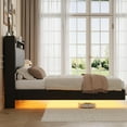 thumbnail image 3 of Queen Size Floating Bed Frame with RGB LED Lights & Charging Station, Upholstered Platform Bed with Storage Headboard, 50" Tall Leather Headboard, No Box Spring, Noise-Free Design, 3 of 8