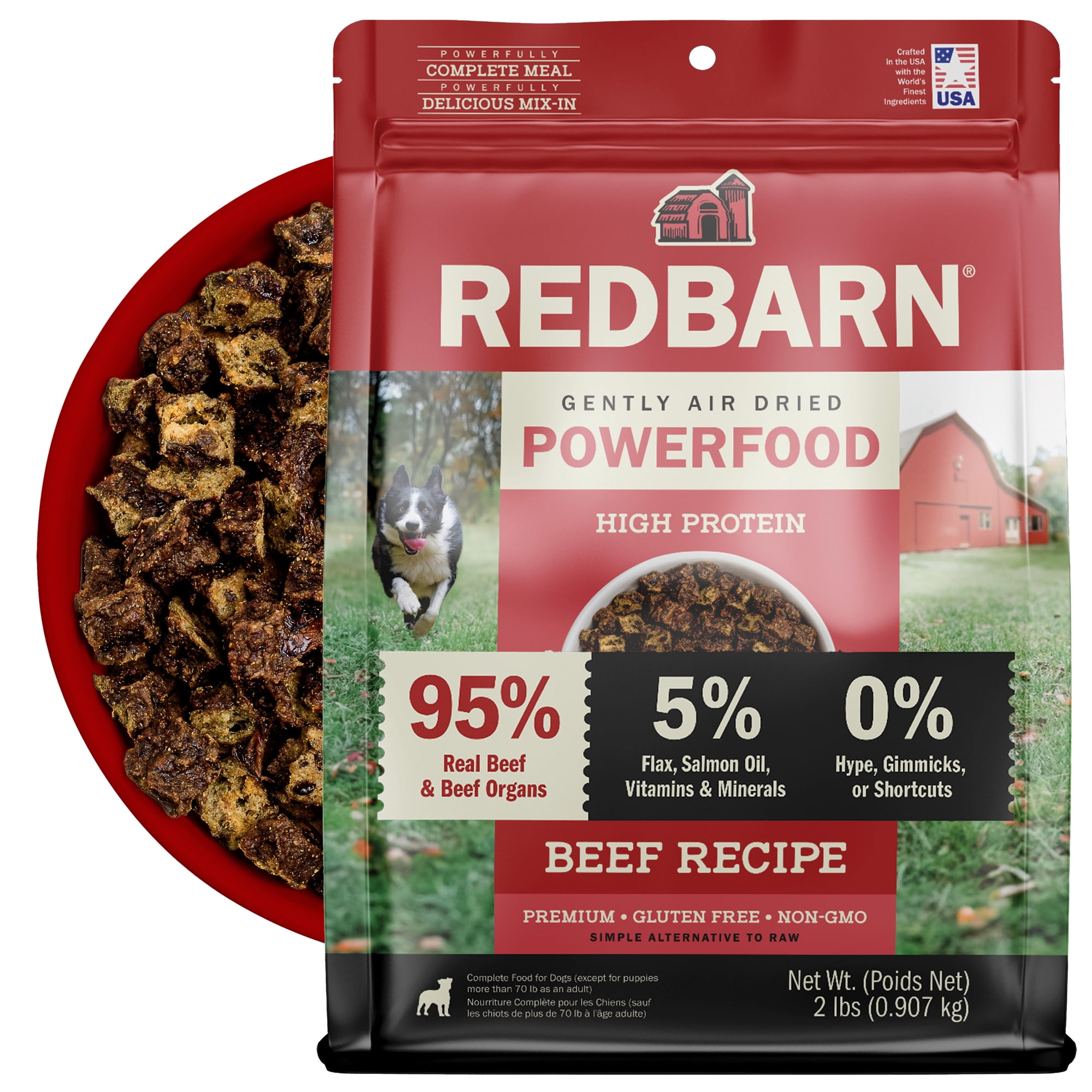 Redbarn Powerfood Air Dried Dog Food - 95% Beef & Beef Organs - High Protein Grain-Free Non-GMO Premium Dry Full Feed or Topper Made in USA with Omega 3 Salmon Oil Flaxseed - 2lb