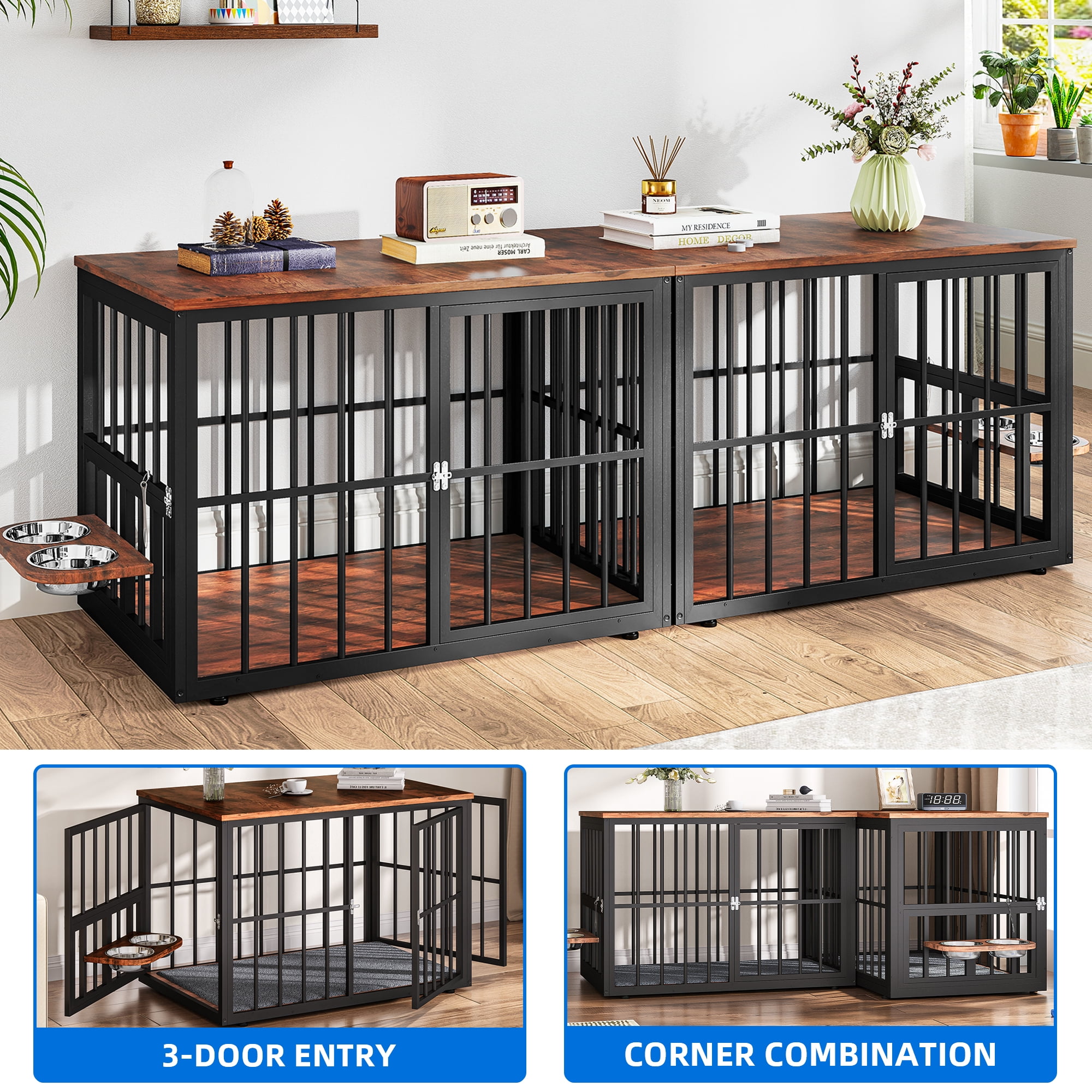 Dextrus 88.6" 4-in-1 Large Double Dog Crate Furniture,Heavy-Duty Wooden Dog Kennel with 360° Swivel Bowls & 3 Doors,Dog Crate Furniture TV Stand for 2 Medium/Large Dogs,Brown