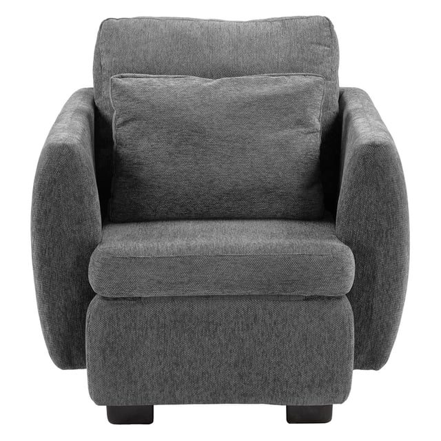 sillón dicasa kuma 1 plaza gris para sala Sillón individual gris tapizado importado, ancho 90 cm; respaldo con cojín suelto relleno de fibra Delcrón, brazos curvos acolchados, asiento profundo y patas cortas oscuras, vista frontal sobre fondo blanco; también apto para rincón de lectura.