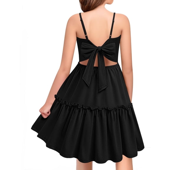 Arshiner Tie Back Dresses for Girls Casual Summer Adjustable Strap Little Kids Black Wedding Dress with Pockets Girls Spring Dresses Size 10-12