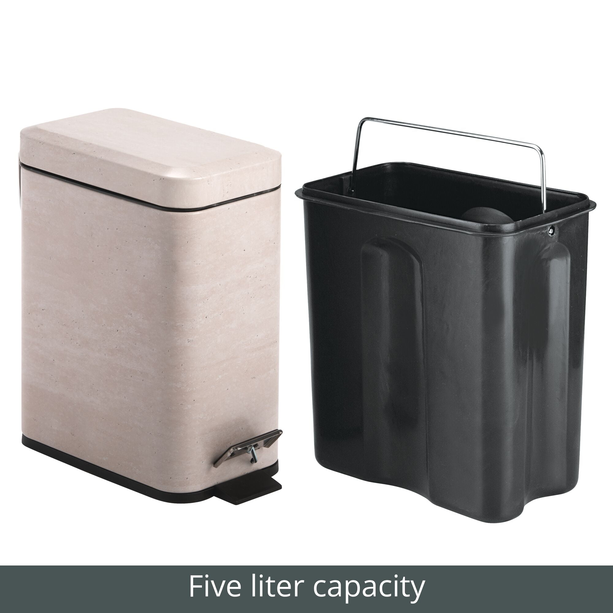 mDesign Small 1.3 Gal. Rectangle Metal Step Can with Liner, Stone Print - Beige