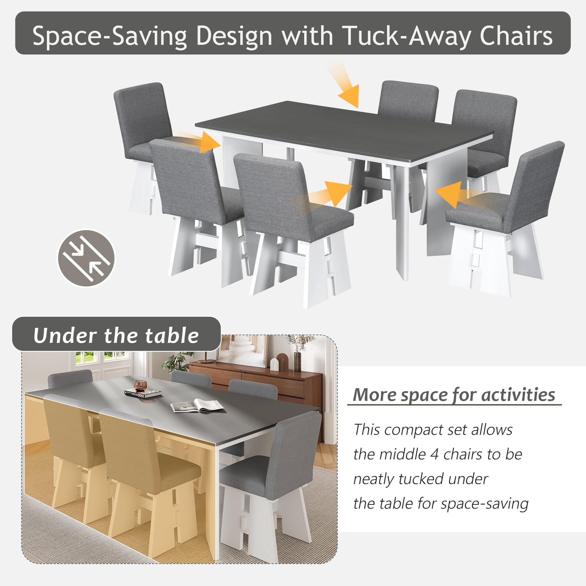 Euroco 7-Piece Farmhouse Dining Table Set for 6, 63.4" Wood Kitchen Table Set with 6 Upholstered Chairs for Dining Room Apartment,Dark Gray