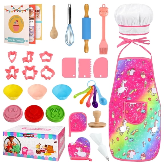 UQN Kids Cooking and Baking Sets, 35 PCS Kids Aprons for Girls Toddler Chef Hat Apron Dress Up Chef Costume , Little Girl Apron Set Pretend Play Cooking Baking Gifts for 3 4 5 6 Year Old Girls